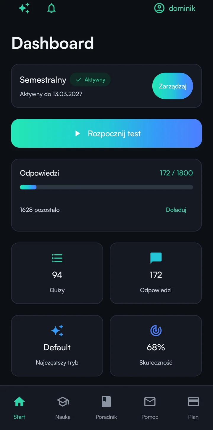 Quizonator app dashboard on Android: plan, answer counter and the Start test button