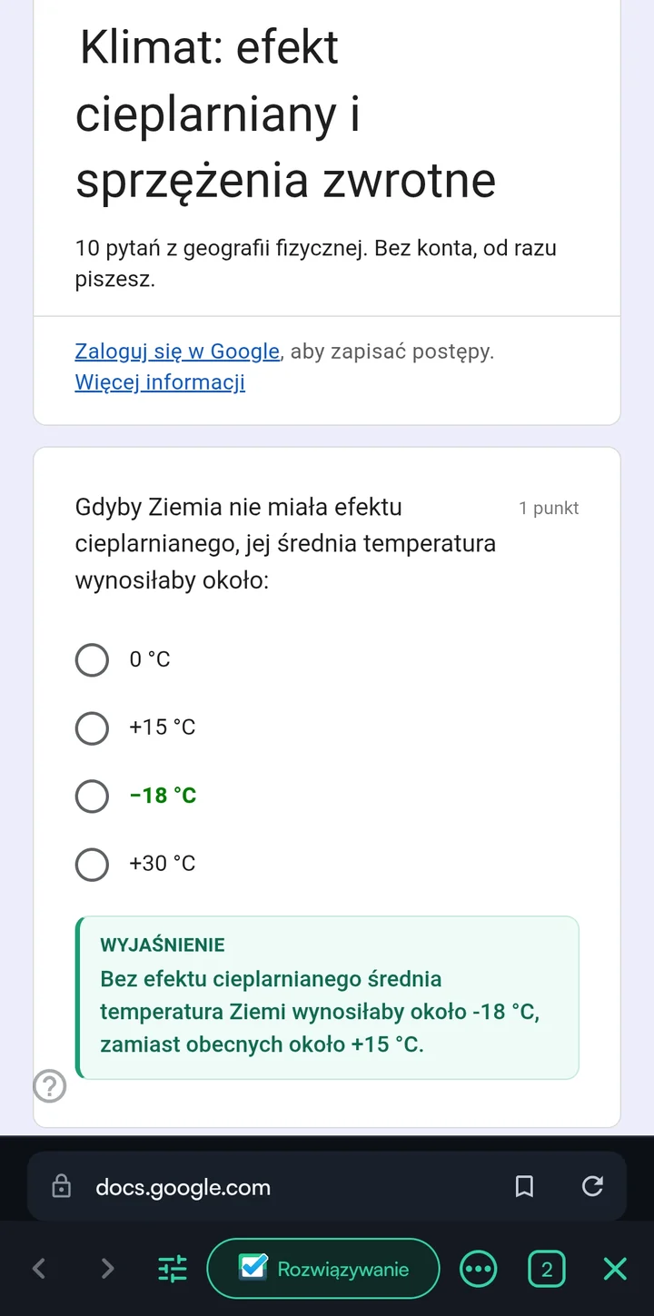 Quizonator na Androidzie: pytanie w Google Forms z zaznaczoną odpowiedzią i wyjaśnieniem