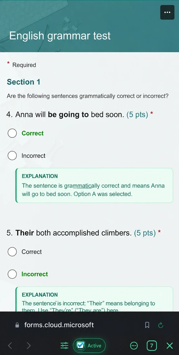 Quizonator on iPhone: a Microsoft Forms test with answers marked and explained