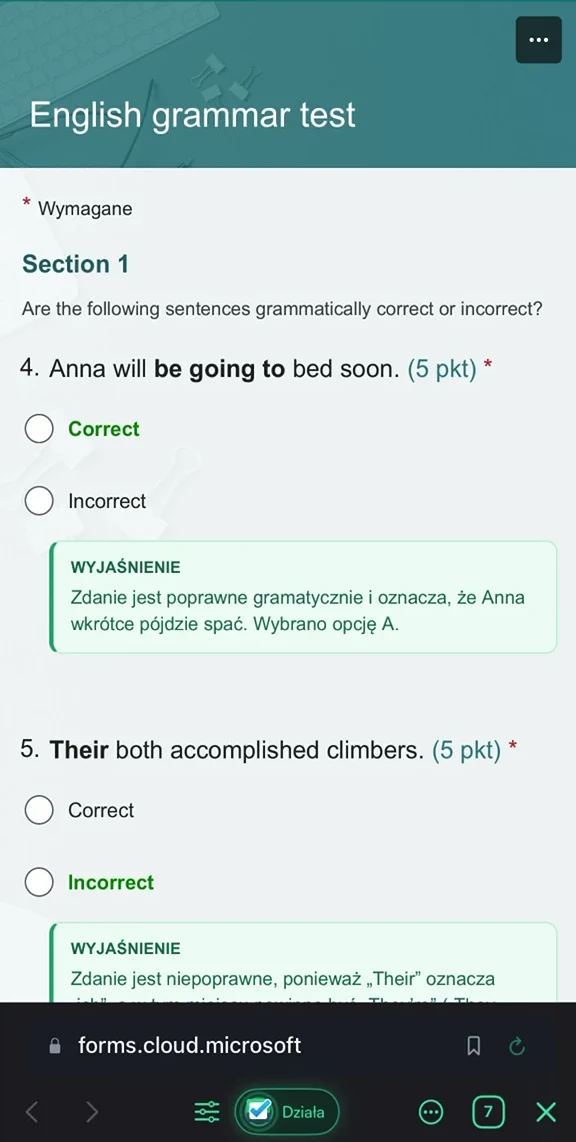 Quizonator na iPhonie: pytania w Microsoft Forms z zaznaczonymi odpowiedziami i wyjaśnieniami