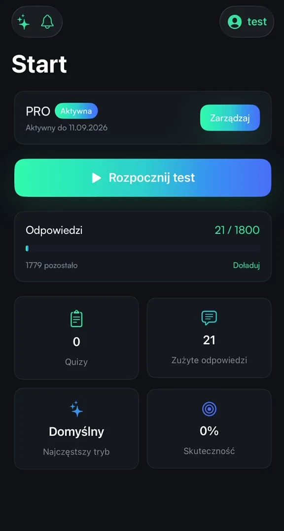 Ekran startowy aplikacji Quizonator na iPhonie: plan, licznik odpowiedzi i przycisk Rozpocznij test