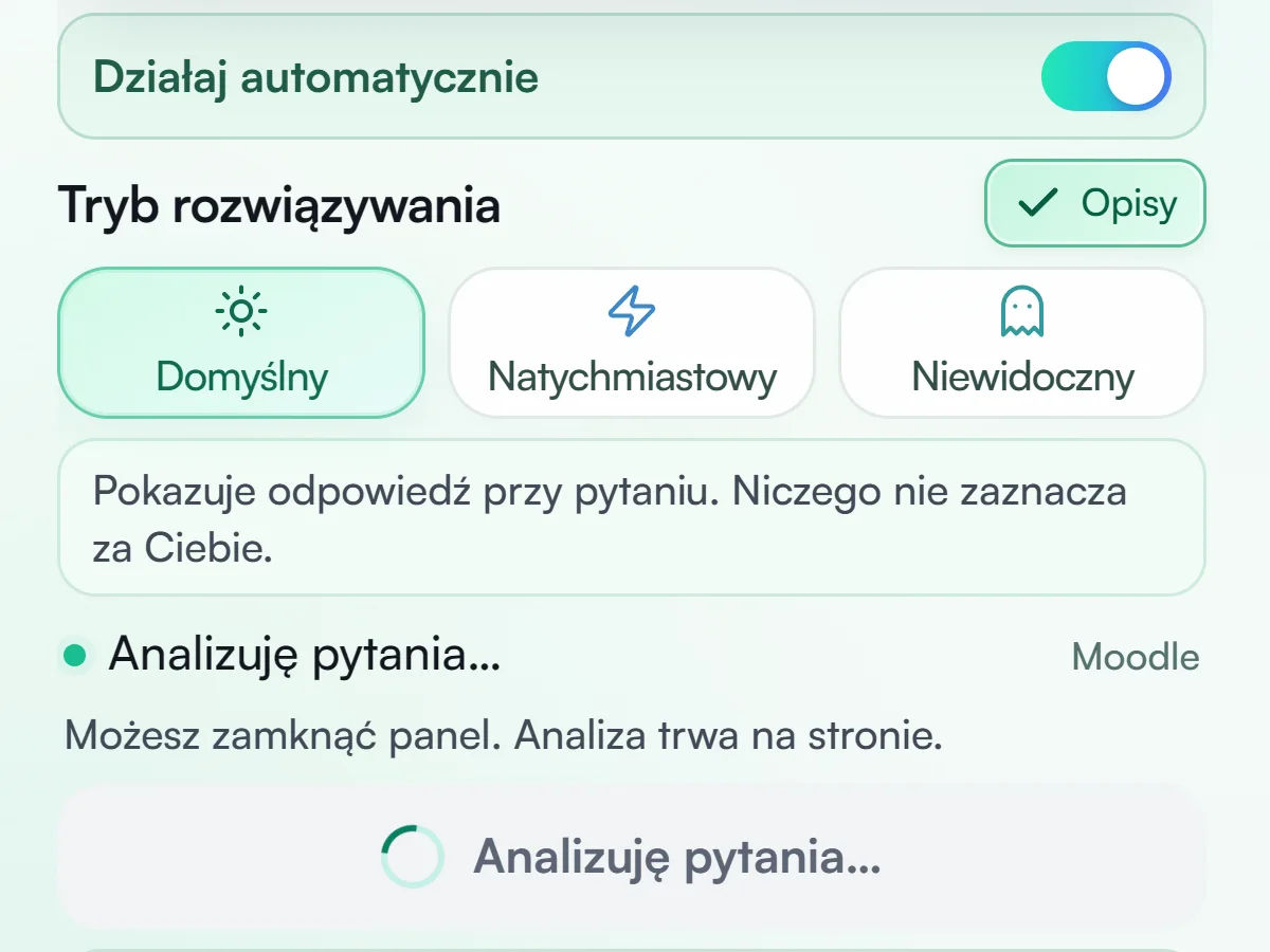 Panel Quizonatora: włączone działanie automatyczne, trwa analiza pytań