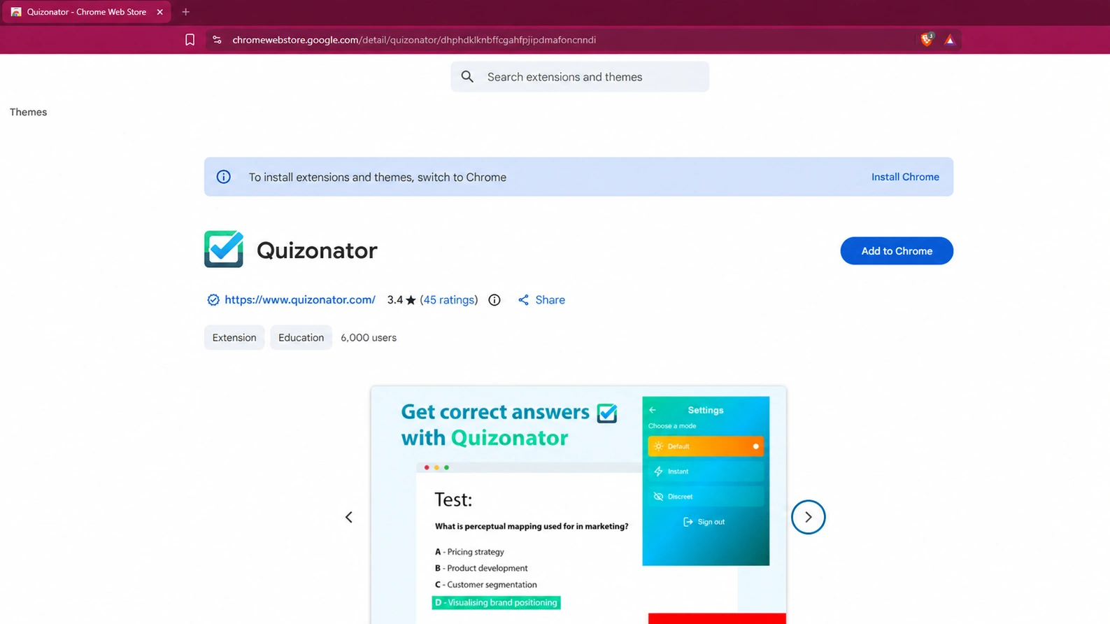 Quizonator listing in Chrome Web Store with the Add to Chrome button