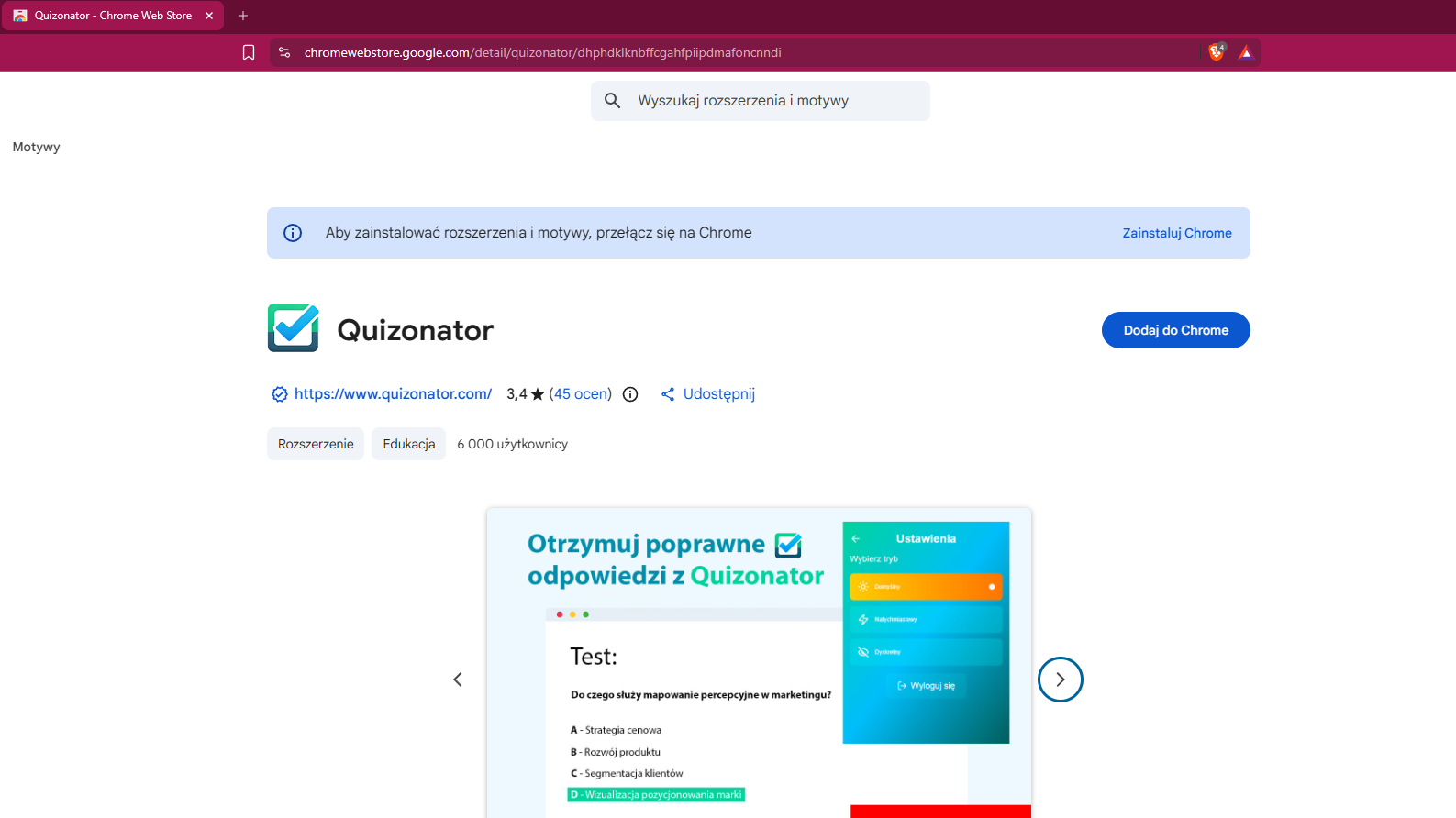 Quizonator w Chrome Web Store z przyciskiem Dodaj do Chrome