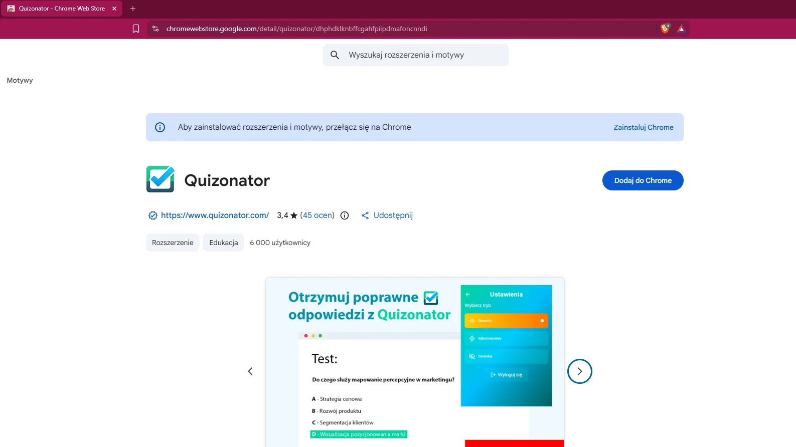 Quizonator w Chrome Web Store z przyciskiem Dodaj do Chrome