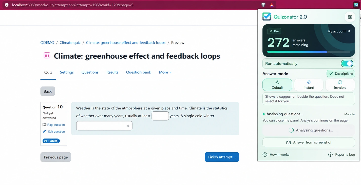 Automatic mode enabled and question analysis in the Quizonator panel.
