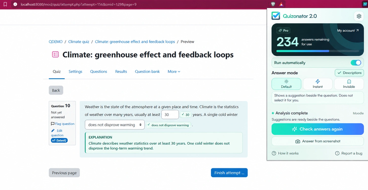 Suggested answers and an explanation directly on the quiz page.