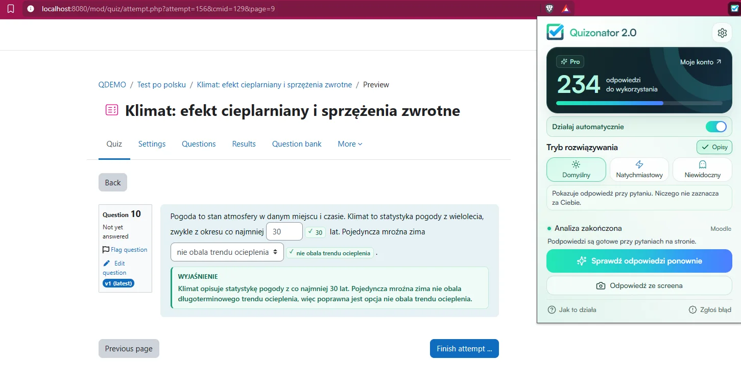 Podpowiedzi przy polach odpowiedzi i wyjaśnienie bezpośrednio na stronie quizu.